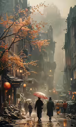 a couple of people walking down a street with umbrellas