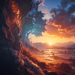 some trees are near the shore at sunset