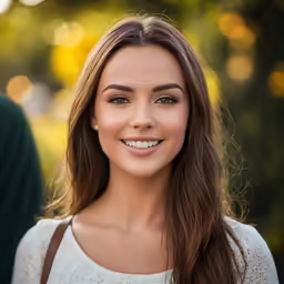 a young woman with long hair and white top on is smiling