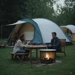 two people sit at a table and eat near a fire