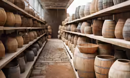 several rows of different sized wooden barrels in a warehouse