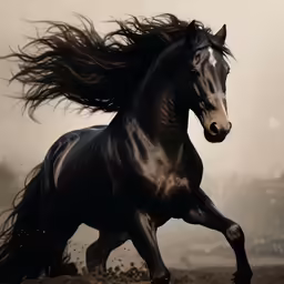 an artistic image of a galloping horse in front of some buildings
