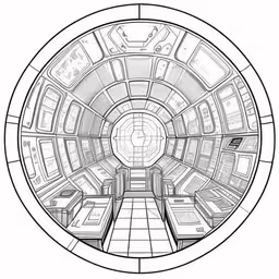 a line drawing of a room with an opening,a large circular window that has many different things inside