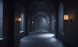 a long hallway with two large walls and a row of lamps