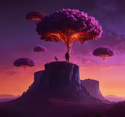 a man standing on top of a very tall tree,the person stands near a giant tree while the other one holds an umbrella