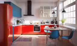 a kitchen with red, blue and white cabinets