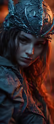 the young girl is wearing a helmet with intricate details