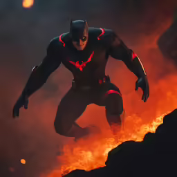 a batman is running across a blazing fire