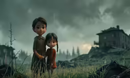 the little girl and boy are standing in a field