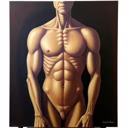the large picture has a nude man wearing big trunks,a painting of a man posing naked for the camera