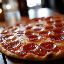 pizza topped with pepperoni on a wooden surface