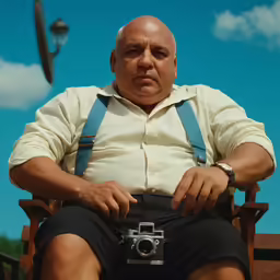 man with suspenders and camera sitting on bench