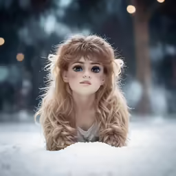 a young blond girl with bangs laying in snow