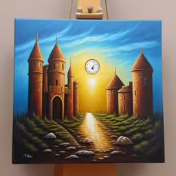 a painting of a painting of a castle is hanging up,painting on a board featuring an outdoor castle at night,a painting of a castle and a clock with a sun going down,a painting of an old castle on a wooden easel,an oil painting of a castle setting at sun set