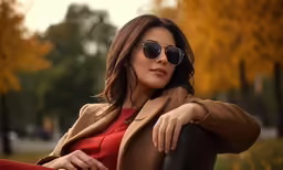 a woman wearing sunglasses sitting on top of a chair