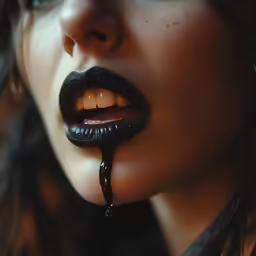 a woman with some very dark colored lipstick dripping from her mouth