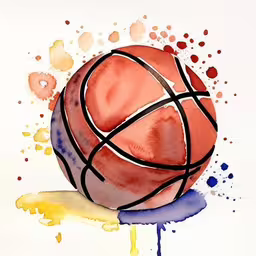 a painting of a basketball sitting on top of a ball,an illustration of a watercolor basketball ball painted with ink,watercolor painting of a basketball with blue and red drops of paint,a basketball ball painted on top of a white wall,a painting with a basketball and some watercolor paint
