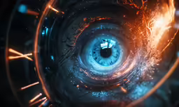 blue and orange glass eye, inside it a dark blue light
