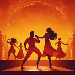 silhouette of women dancing around a flame in front of an arch,some dancers and a man in a white suit