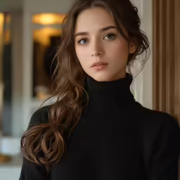 a girl in black sweater posing by wall