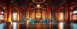 a big room with some chairs and a chandelier