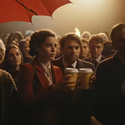 a woman with a cup in her hand while standing next to a man and a group of other people