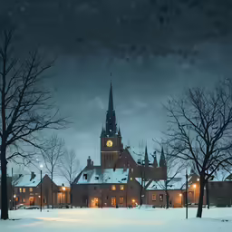 a building and tree stand on a snowy night