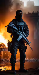 a man wearing a black ski mask holding a rifle and standing in front of a flame,a man standing in front of a fire holding a gun