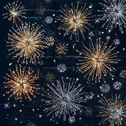 fireworks are shown in the dark with snow flakes