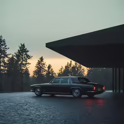 a car is parked on cobblestone outside