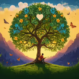 a man sitting in a tree that is painted with many flowers,the boy plays a guitar while sitting under the tree