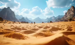 a sandy landscape with some mountains in the distance