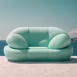 a green couch sitting on top of a concrete ground near the ocean