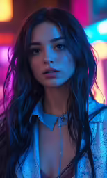 a model with shoulder length dark hair and blue eyes is wearing a white shirt