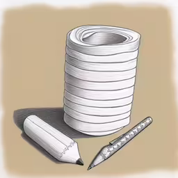 drawing a stack of white plastic cups with a pencil,a pen is sitting next to a stack of white paper