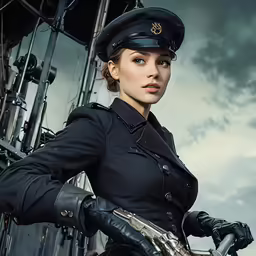 woman in flight uniform standing next to ship