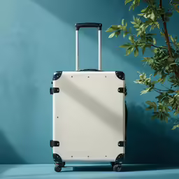 a white piece of luggage with handle sitting on top of blue floor