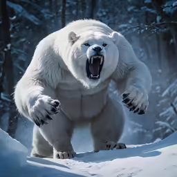 a large white polar bear on top of a snowy slope