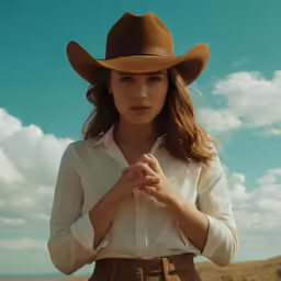 a woman in a cowboy hat standing in a field