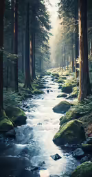 some water running down to a river surrounded by trees