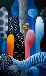 a painting of many shapes with a black background