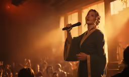 a female with a microphone singing into a crowd