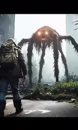 a person walking in a foggy area with a giant, large spider crawling behind them