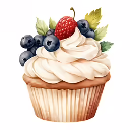 a cupcake with blueberries, raspberries and green leaves on top