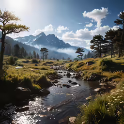 the sun is shining brightly over a river running through the mountains