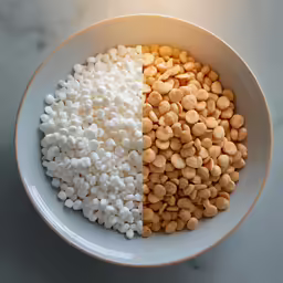 two images of a bowl of food with cereal and meat on top