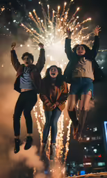 three people in the air with fireworks behind them