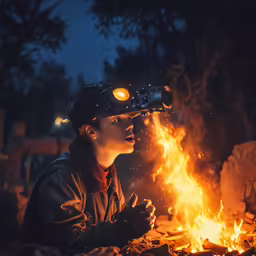 woman sitting next to fire using virtual reality headset