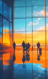 a group of people walking in an airport under a colorful sky