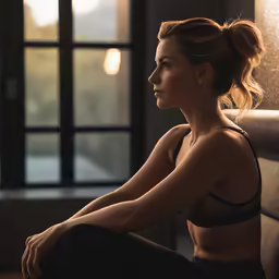 a woman is wearing a bra while sitting down